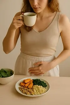 Woman holding her belly with a cup of tea, plate of pumpkin, quinoa, chickpeas and greens in front of her