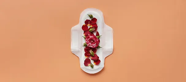 A symbolic cycle illustration: a menstrual pad with red rose petals arranged across it on a terracotta backdrop